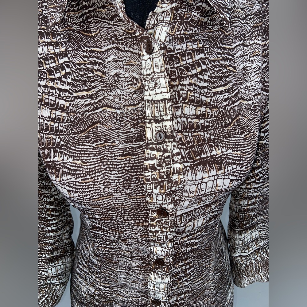 Short Sleeve Blouse Button Down Top Medium Brown Gold Metallic Sere Nade - Picture 5 of 10